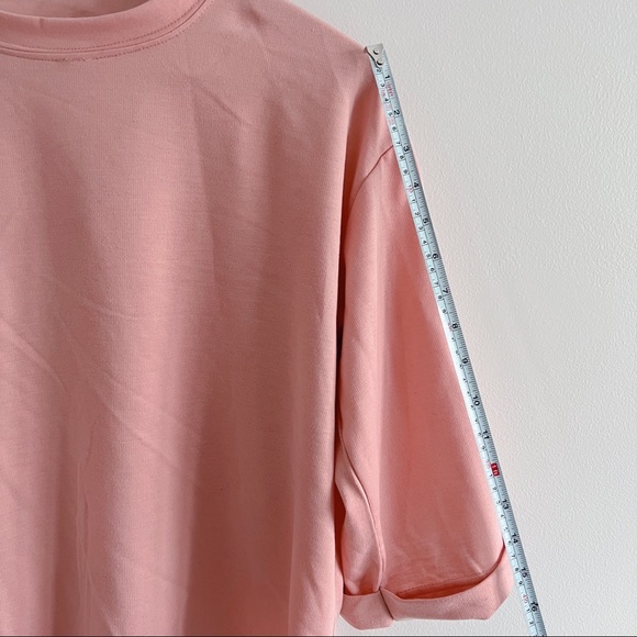 Pink Crew Neck Boxy Elbow Length Sleeve T-Shirt with Side Slit One Size - Picture 4 of 6